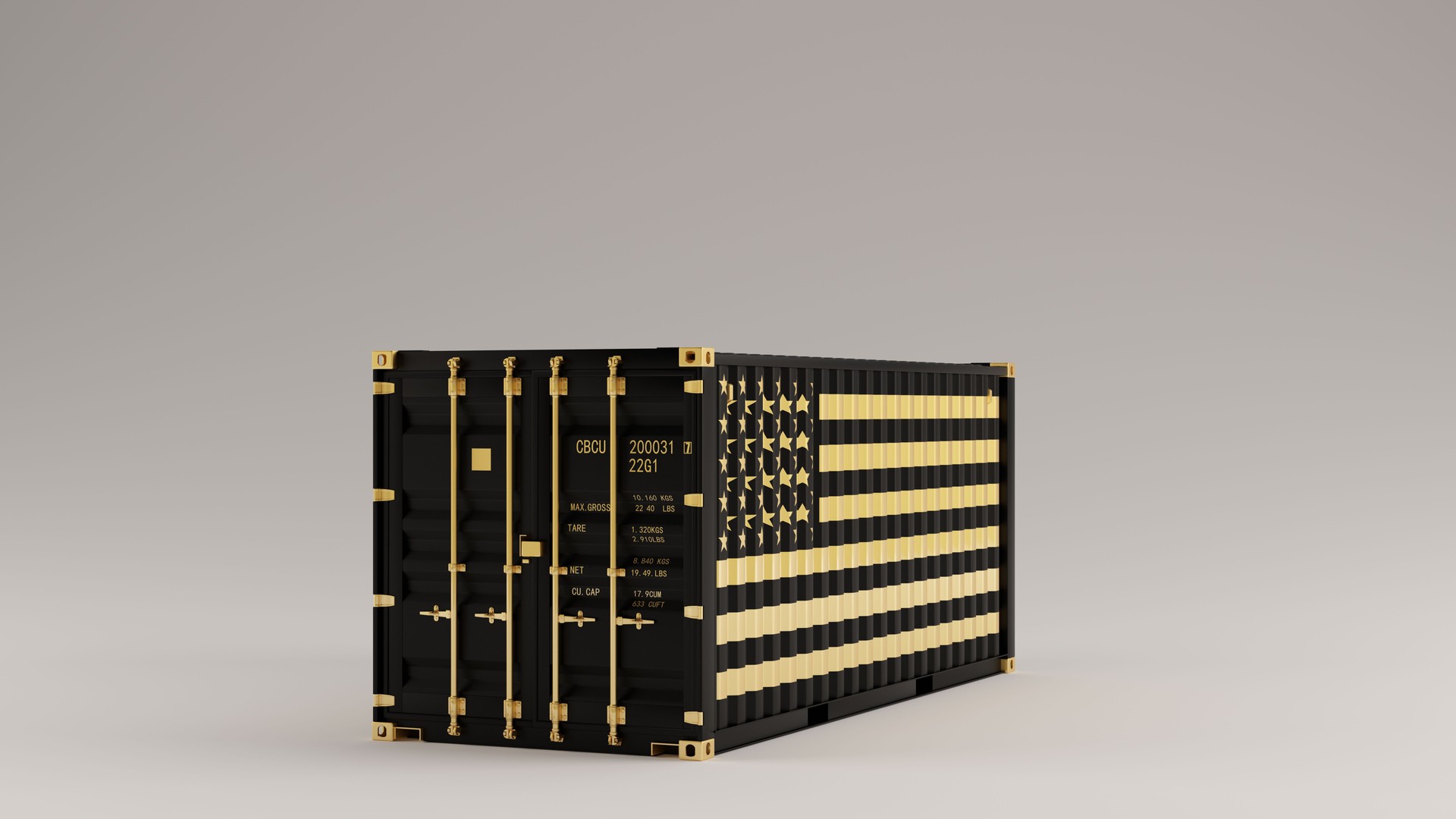 Black with Gold United States of America Flag Detail Intermodal Cargo Container 3 Quarter Left View